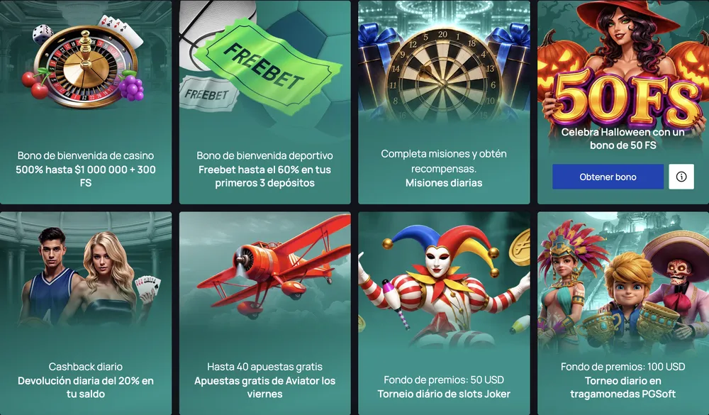 Secci贸n de bonos de Win.Bet: 500% hasta $1.000.000 + 300 FS, freebet de hasta 60%, misiones, cashback diario del 20% y torneos