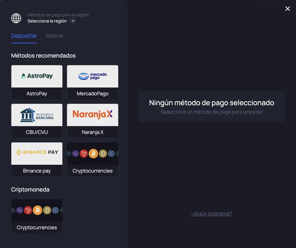 Caja de Win.Bet, pestaña Depositar: AstroPay, Mercado Pago, CBU/CVU, Naranja X, Binance Pay y criptomonedas