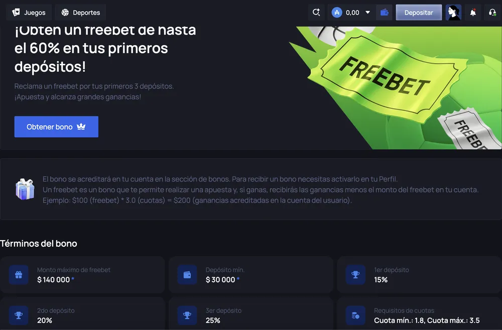 Términos del freebet deportivo de Win.Bet: hasta $140.000, depósito mínimo $30.000, 15%, 20% y 25% en los tres primeros depósitos, cuotas de 1,8 a 3,5