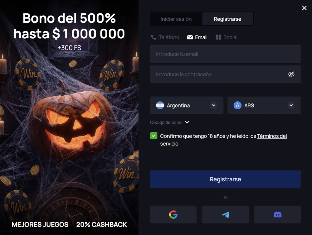 Formulario de registro de Win.Bet: pestañas Teléfono, Email y Social, país Argentina, moneda ARS, código de bono y casilla de 18 años